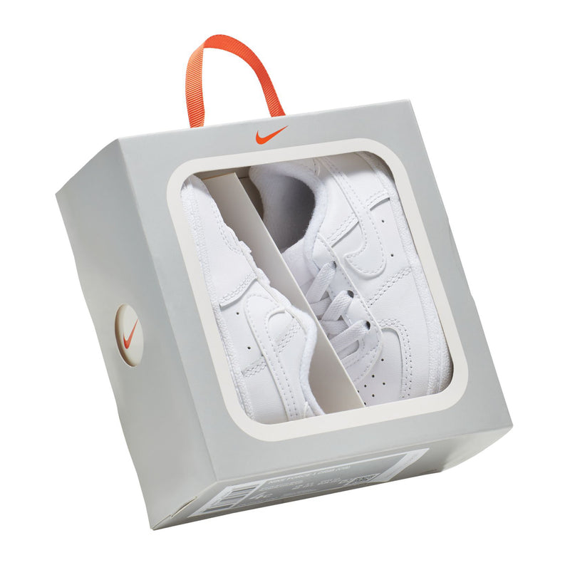 Nike infant white sneaker gift box with orange swoosh and clear window