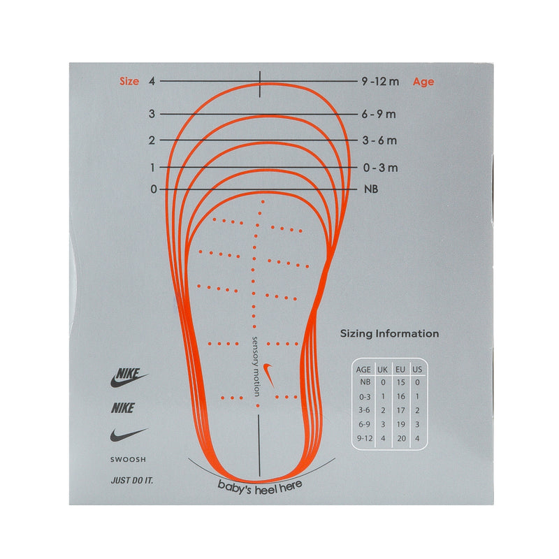 Infant shoe sizing chart with age and shoe size ranges