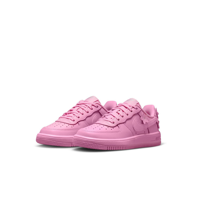 Kids' pink low-top lace sneakers, side view with flower appliques and Swoosh