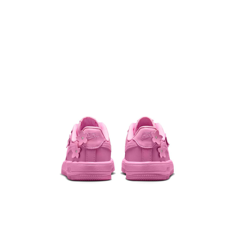 Kids' pink low-top lace sneakers, heel and back view with flower details
