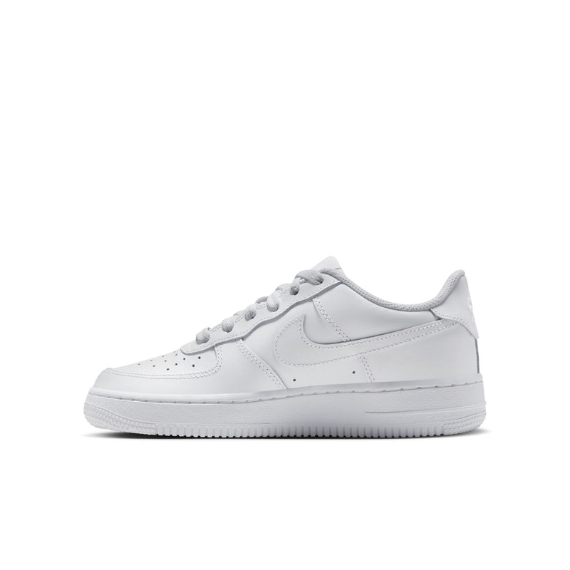 Youth low-top sneaker front quarter view, white leather lace-up and swoosh