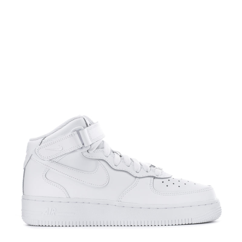 Youth white mid-top lace-up sneaker with strap, Swoosh and perforated toe