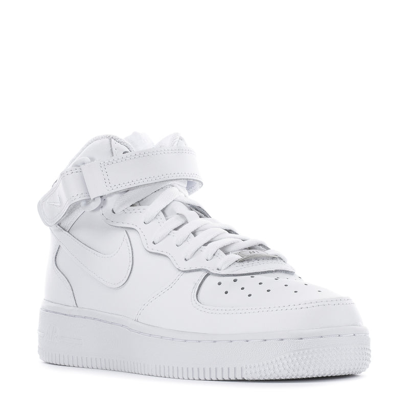 Youth white mid-top sneaker, lace-up front with Swoosh and perforated toe
