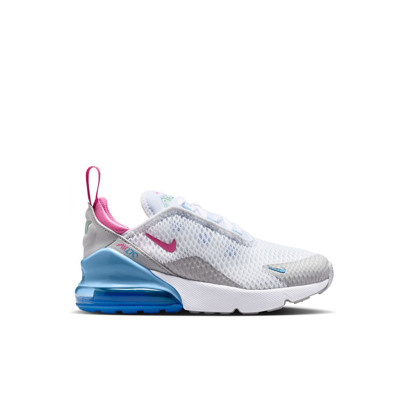 Kids Air Max 270 sneakers with white mesh, pink accents, and blue Air unit