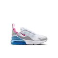 Kids Air Max 270 sneakers with white mesh, pink accents, and blue Air unit