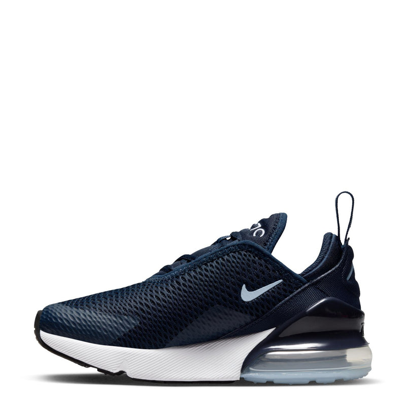 Kids Nike running sneaker, side view in dark navy with white midsole and blue air