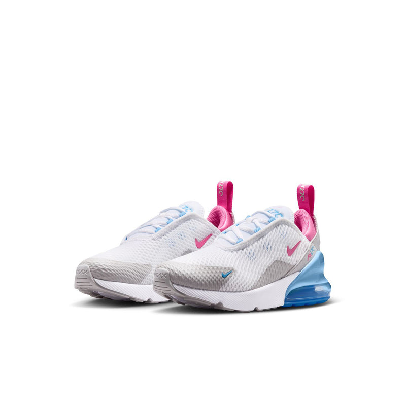 Kids white mesh sneakers with pink collar and blue heel Air unit, twin shoes view
