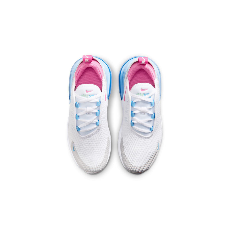 Kids white knit sneakers with pink padded collar, blue laces, and breathable mesh toe