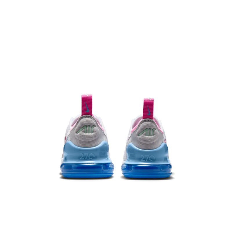 Kids Air Max 270 sneakers heel view with blue Air unit and pink pull tabs