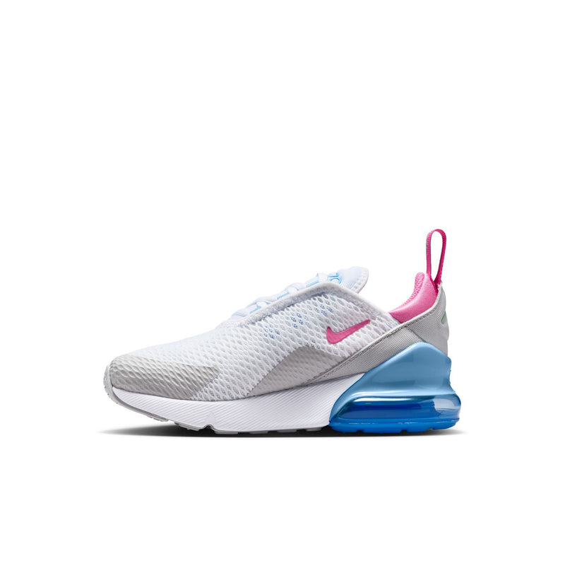 Kids white mesh sneakers with pink swoosh, blue Air sole, and gray heel overlay