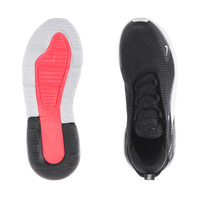 Kids black sneakers: white outsole and black textured upper, lace-up with Air unit