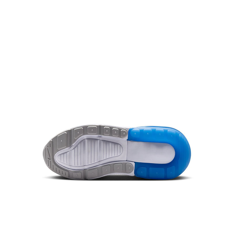 Kids sneaker outsole with blue heel pod and gray traction rubber pattern