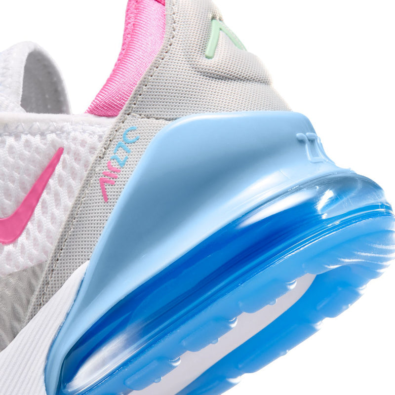 Kids Air Max 270 blue Air unit close-up on white and gray sneaker upper