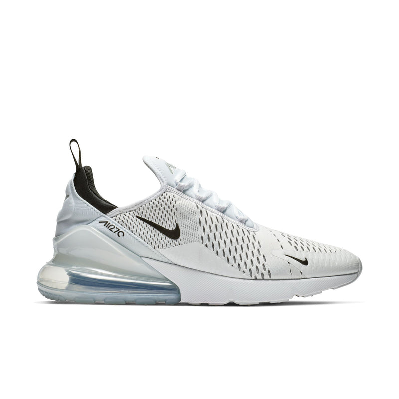 Men's white and black low-cut running shoes with Air 270 heel unit and swoosh