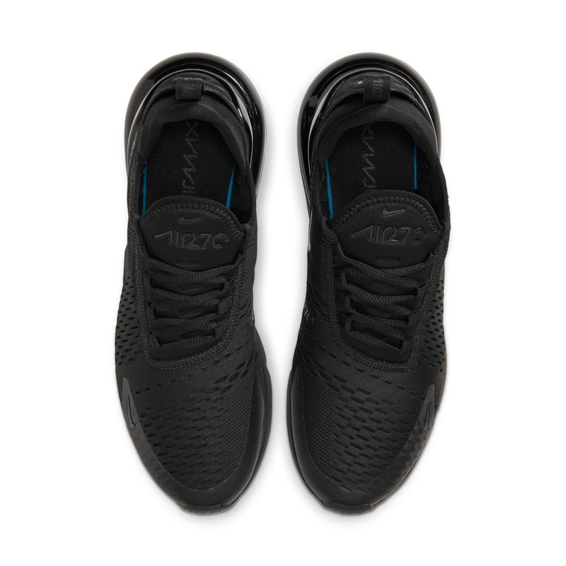 Black Air Max 270 sneakers, front view with laces and textured mesh upper