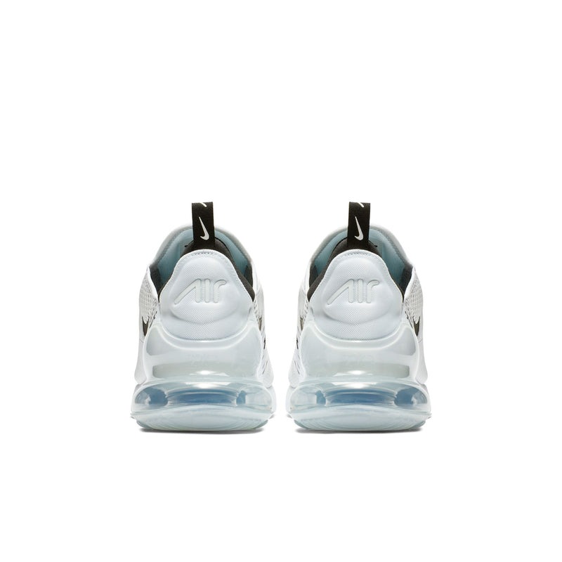 Back view of white sneakers with black heel tabs and clear Air heel cushioning