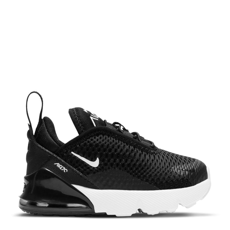 Toddler black knit sneakers with white swoosh and air-cushion sole