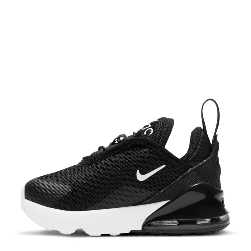 Toddler black mesh sneakers with white swoosh and translucent air unit
