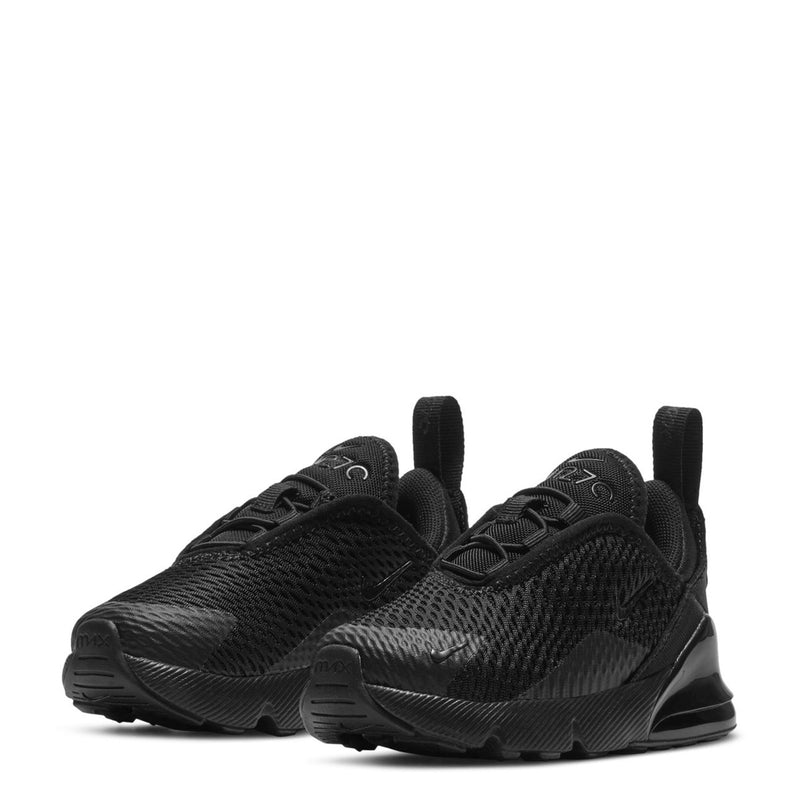 Black toddler Nike Air Max 270 sneakers, front 3/4 view, mesh texture, lace-up, chunky sole