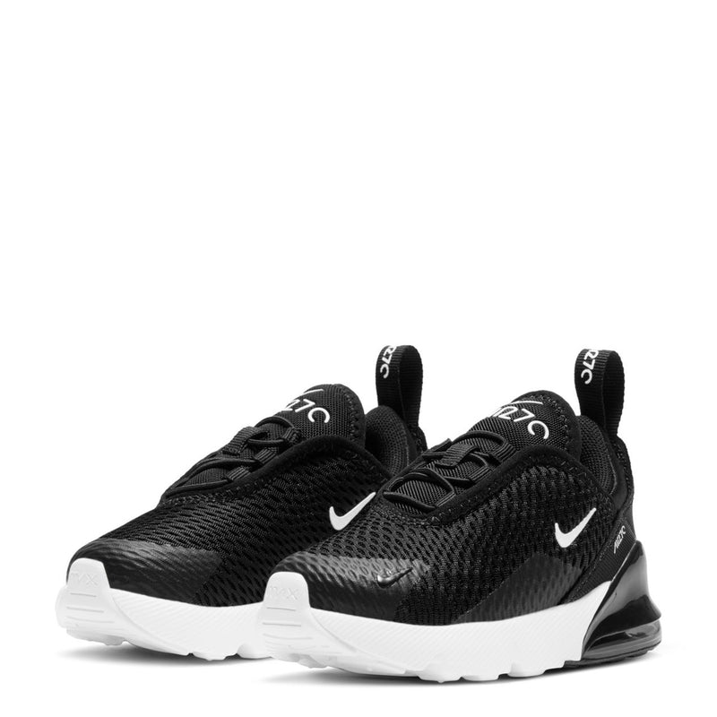 Toddler black mesh sneakers with two white swooshes and air-cushion sole