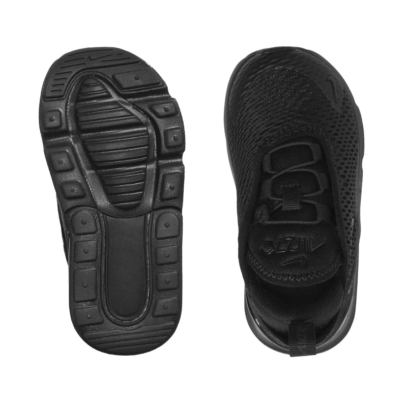 Black toddler Nike Air Max 270 shoe outsoles, tread pattern on rubber soles