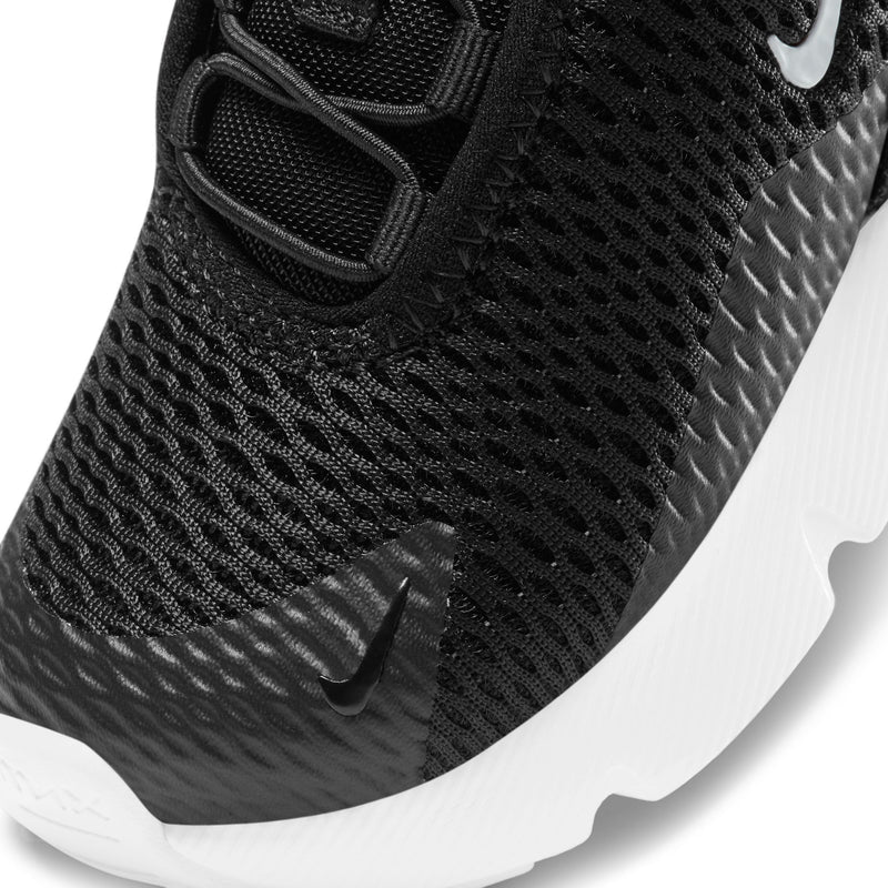 Toddler black textured knit upper sneaker with black laces and white swoosh
