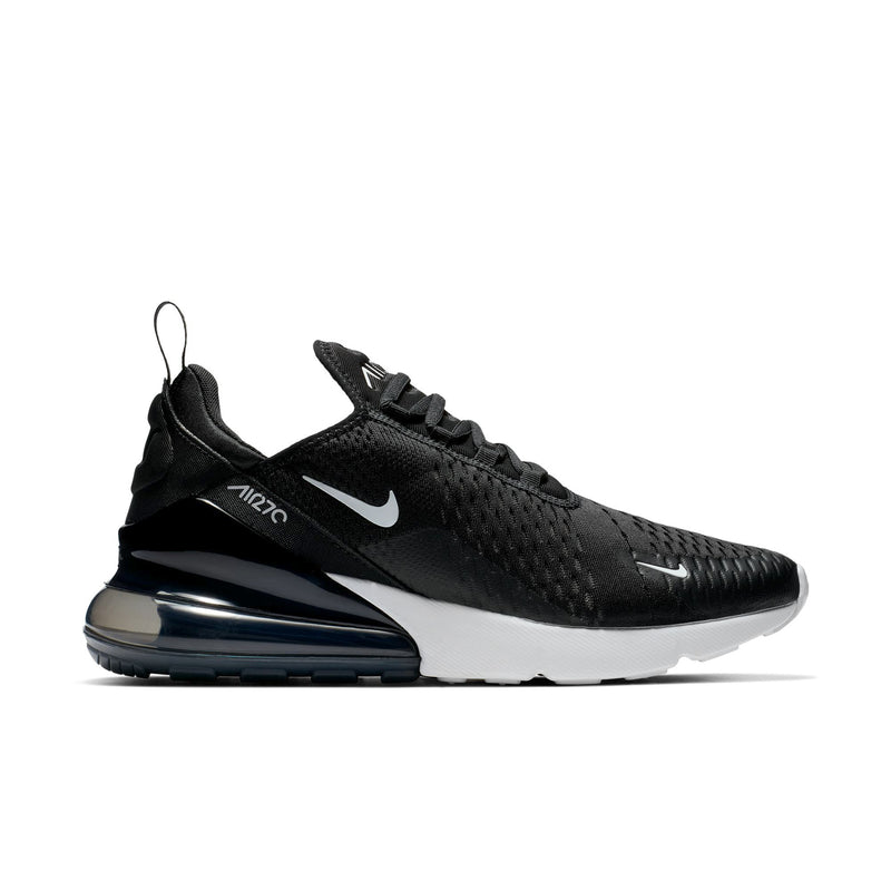 Women’s black mesh knit running sneaker with white swoosh and visible Air unit