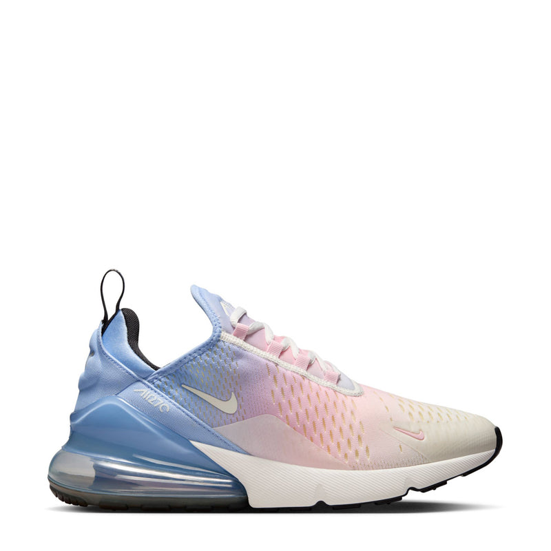 Women's Air Max 270 sneakers in sail, pink, and light blue with Nike swoosh