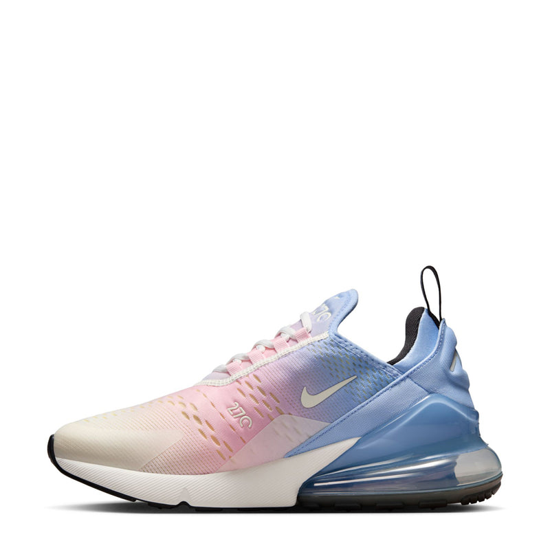 Low-top running sneaker with sail upper, pink laces, and light-blue air unit