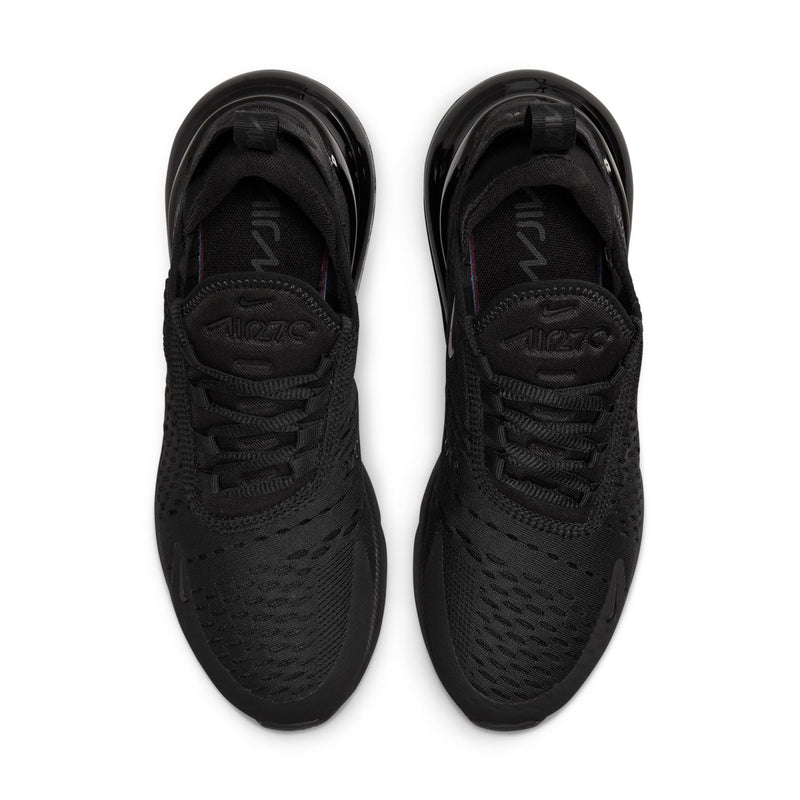 Women's black Nike Air Max 270 sneakers, top view of uppers and laces
