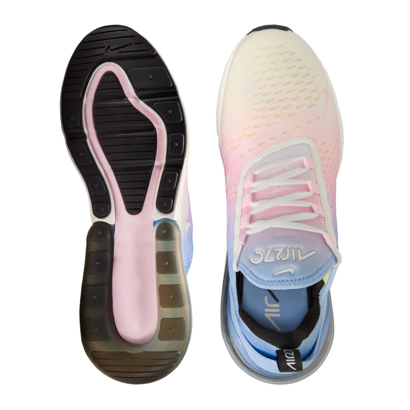 Sneaker outsole and upper view: dark tread with pink-and-light-blue laces