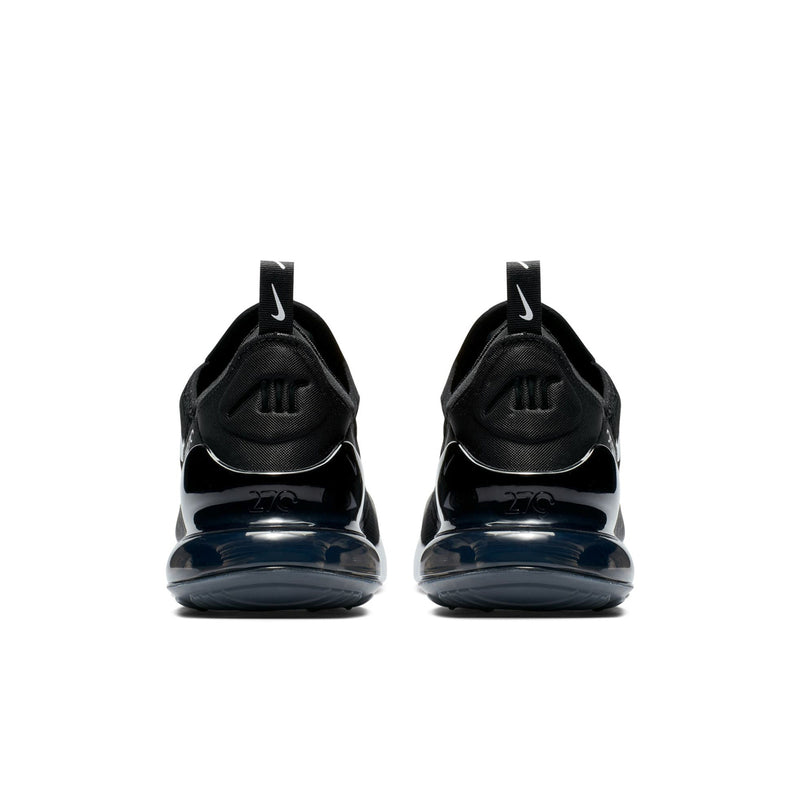 Women’s black running sneakers, back view with Air window and swoosh details