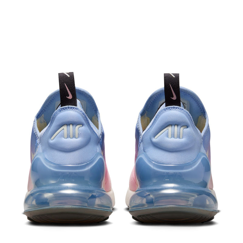 Heel view: pink and light-blue low-top sneakers with large visible air unit