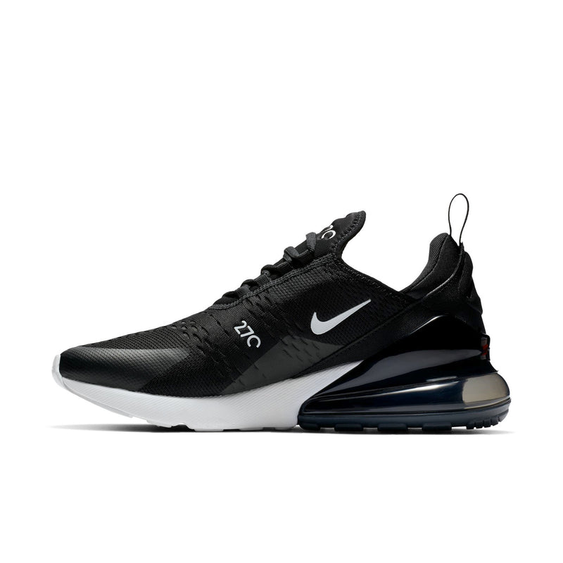 Women’s black knit running sneaker with white swoosh and blue-tinted Air midsole