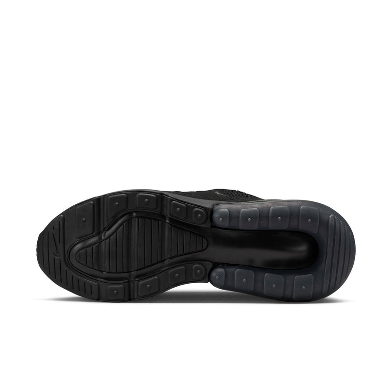 Women's black Nike Air Max 270 outsole, tread pattern and heel cushioning