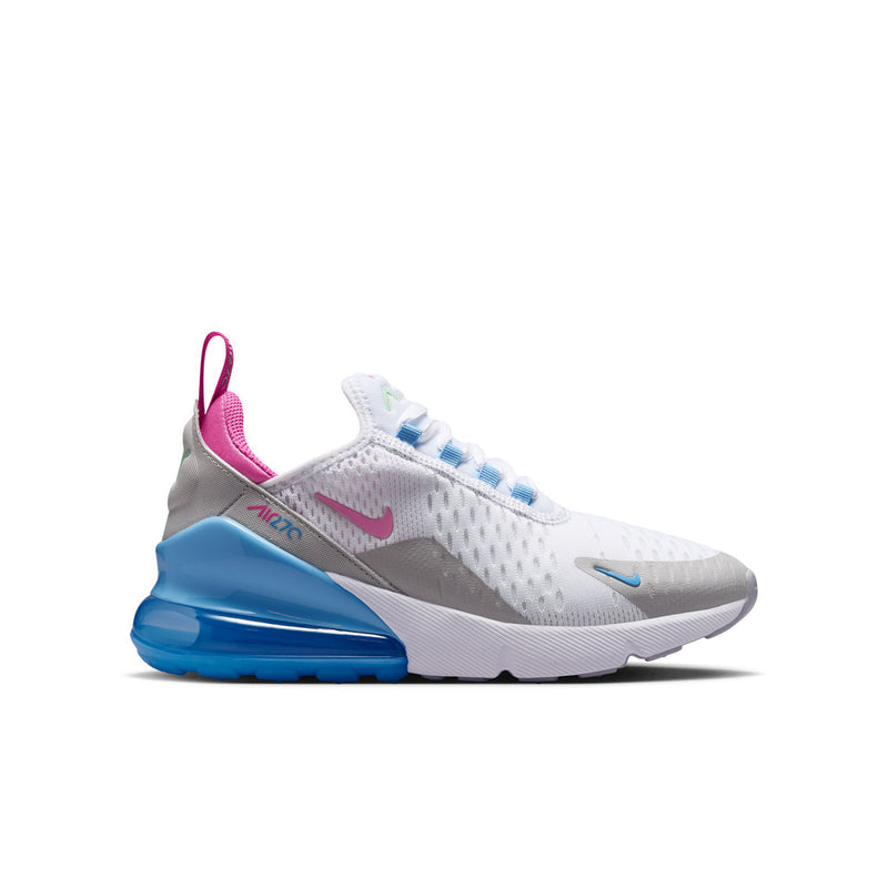 Youth running sneakers in white with pink collar, blue accents, and large blue air unit