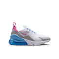 Youth running sneakers in white with pink collar, blue accents, and large blue air unit