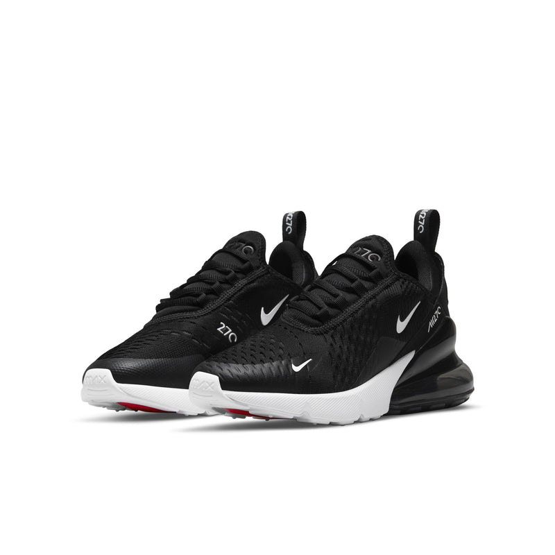 Youth Nike Air Max 270 sneakers, black knit with white sole and red underfoot accents