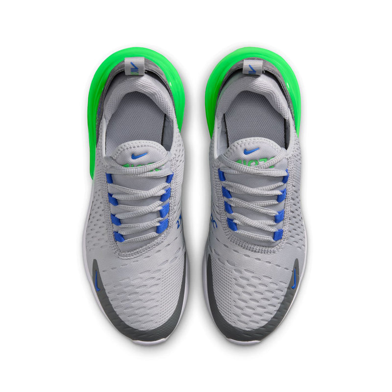 Pair view: light gray knit upper with blue lace ties and green collar lining