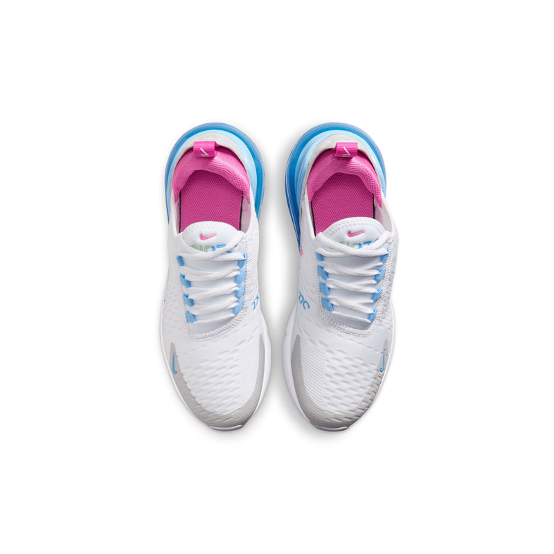 Youth running sneakers—pair view—white uppers with blue laces and pink inner lining