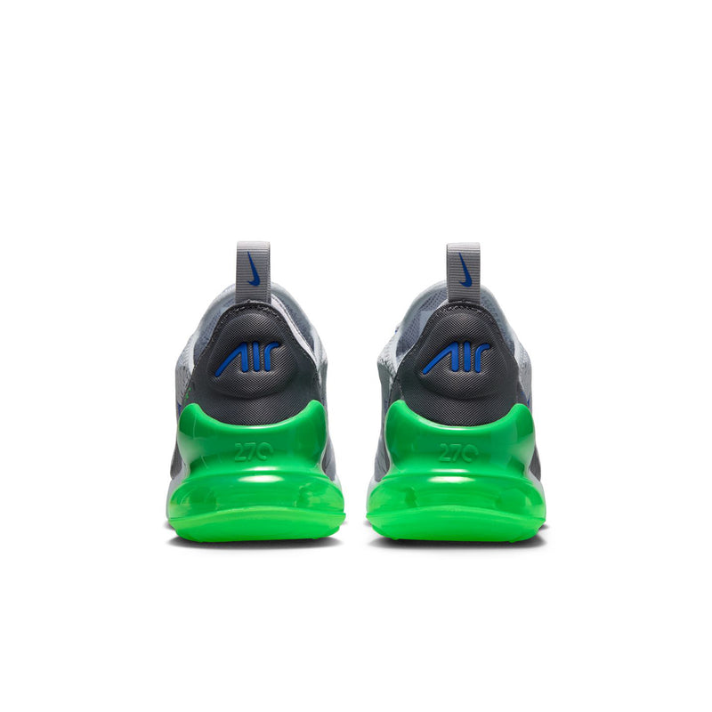 Back view: dark gray heel with blue logo and bright green Air cushioning