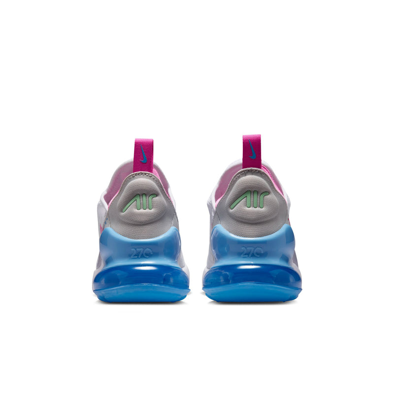 Youth running sneakers rear view with pink pull tab and blue heel air unit
