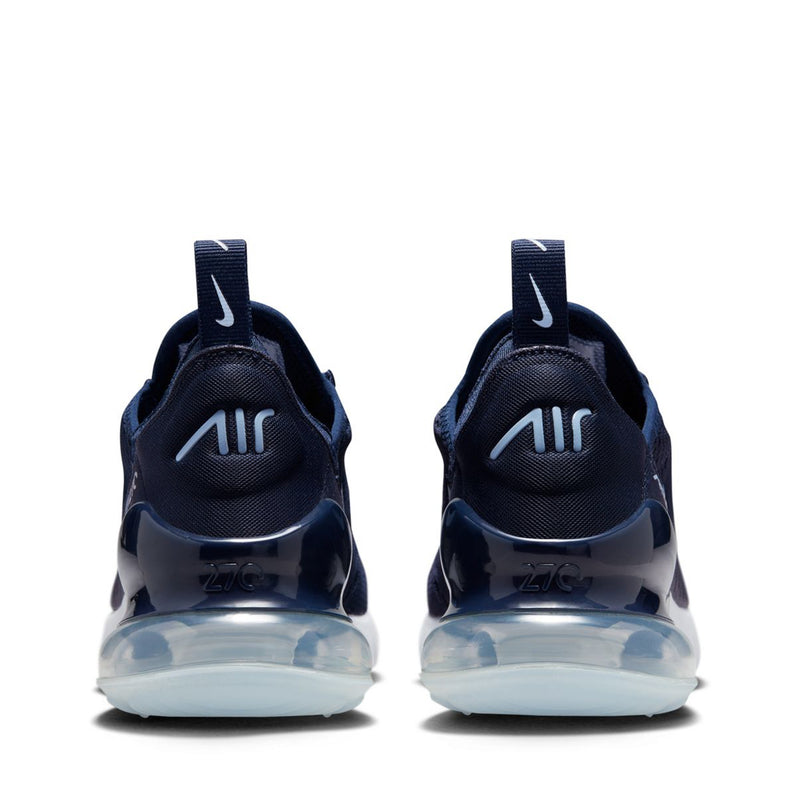 Youth sneakers rear view: dark navy with translucent Air heel pods