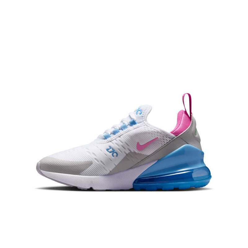 Youth running sneakers side view in white mesh with pink collar and blue heel