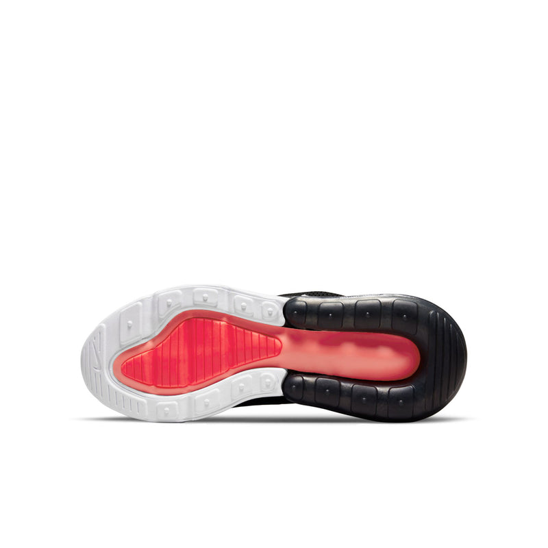 Youth Air Max 270 outsole, black rubber with red traction panel and gray ridges
