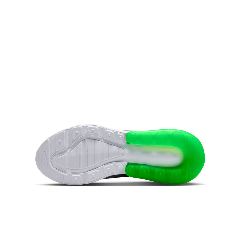 Sole view: translucent green Air midsole with gray outsole for youth sneakers