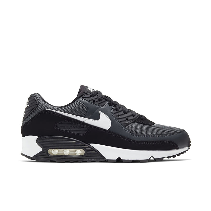 Men's Air Max 90 sneakers in dark gray with white swoosh and visible air unit