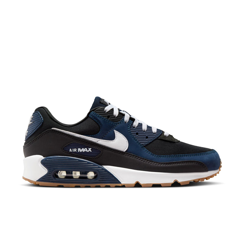 Men's Nike Air Max 90 sneakers, dark blue and black with white swoosh and lace-up front