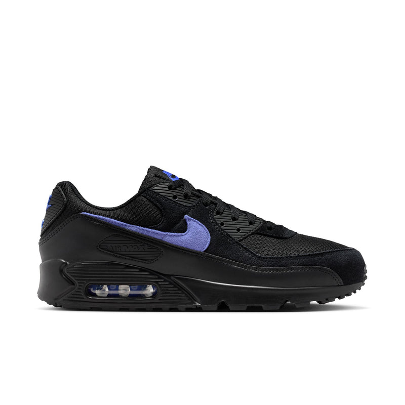 Men's black Air Max 90 style sneakers with blue swoosh and visible air unit