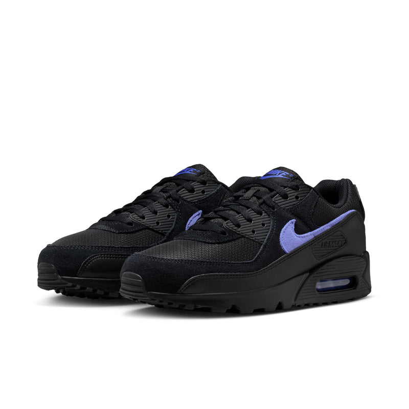 Men's black sneakers with blue accents, lace-up design, and Air Max heel unit